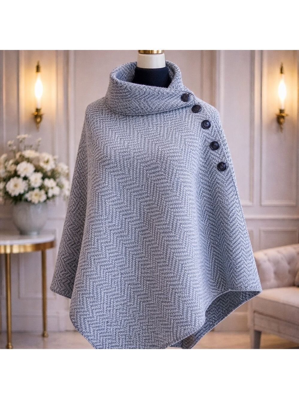 ARAN Irish Blue Herringbone Poncho w. Carved Wooden Button Detail -One Size BNWT